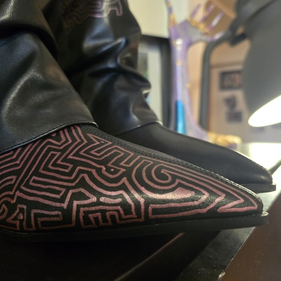 HANDCRAFTED Upcycled Faux Leather Black Boots HANDPAINTED Kitten Heel Ankle Shoe - Picture 6 of 17